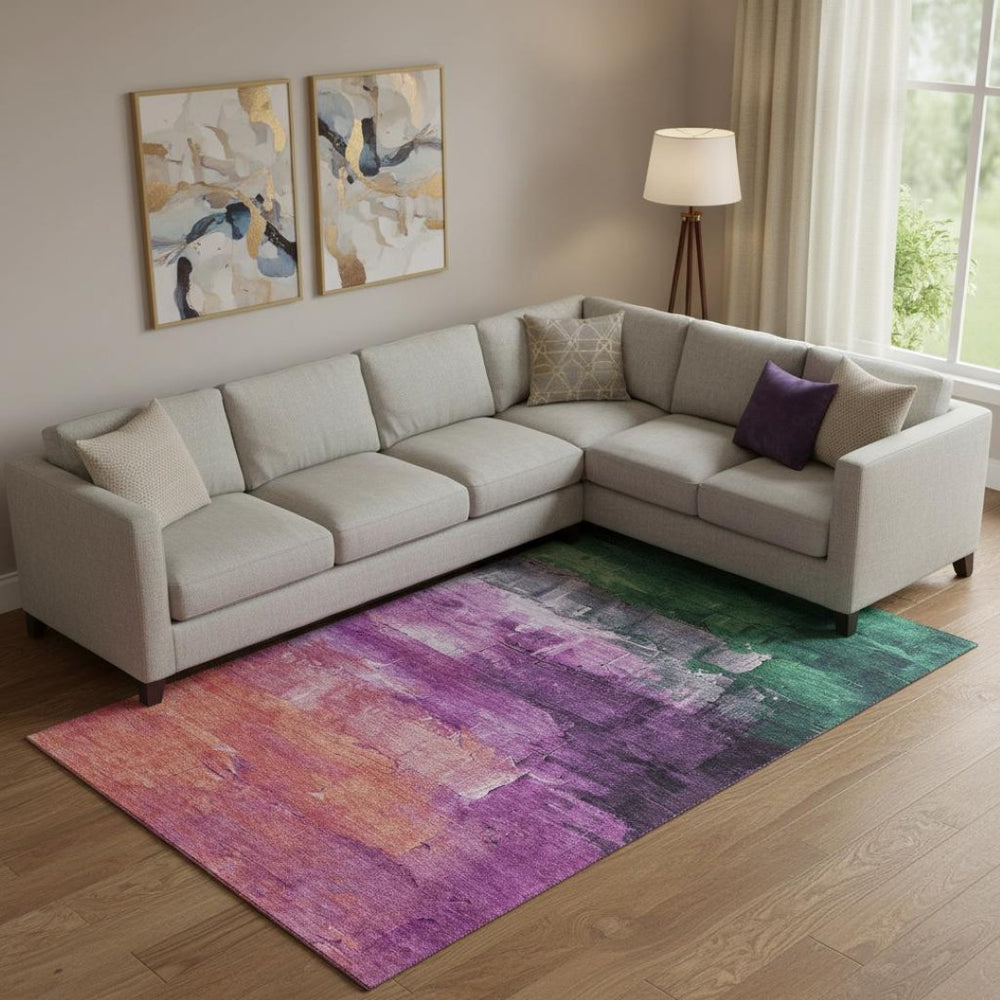HomeRoots 9' X 12' Abstract Area Rug in Vibrant Purple, Emerald & Coral - Washable, UV Protected, Stain-Resistant 693935