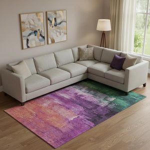 HomeRoots 9' X 12' Abstract Area Rug in Vibrant Purple, Emerald & Coral - Washable, UV Protected, Stain-Resistant 693935