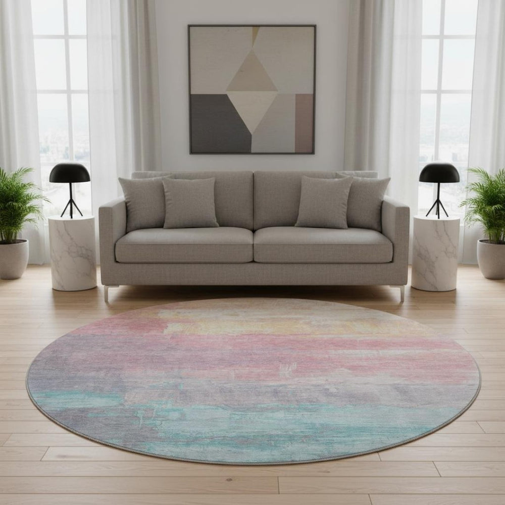 HomeRoots 8' X 8' Washable Round Rug in Salmon, Silver & Teal - UV Protected, Durable, Stylish for Any Space! 693939