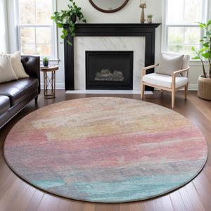 HomeRoots 8' X 8' Washable Round Rug in Salmon, Silver & Teal - UV Protected, Durable, Stylish for Any Space! 693939