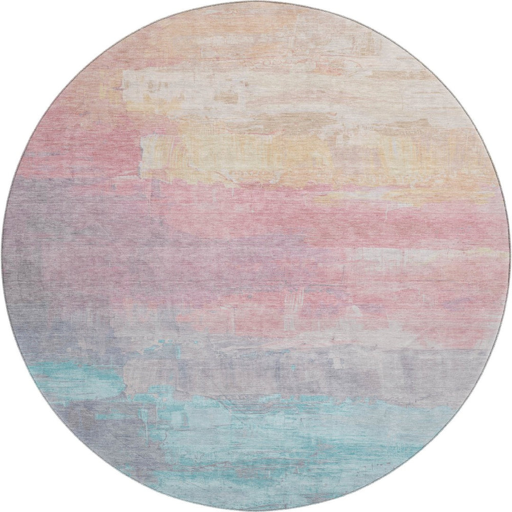 HomeRoots 8' X 8' Washable Round Rug in Salmon, Silver & Teal - UV Protected, Durable, Stylish for Any Space! 693939