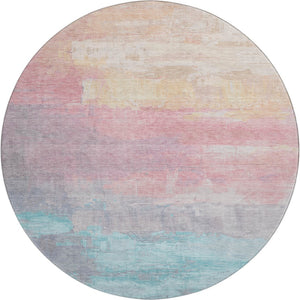HomeRoots 8' X 8' Washable Round Rug in Salmon, Silver & Teal - UV Protected, Durable, Stylish for Any Space! 693939