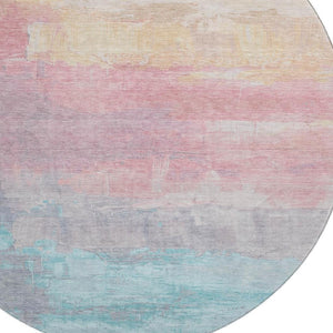 HomeRoots 8' X 8' Washable Round Rug in Salmon, Silver & Teal - UV Protected, Durable, Stylish for Any Space! 693939