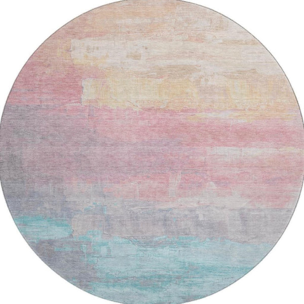 HomeRoots 8' X 8' Washable Round Rug in Salmon, Silver & Teal - UV Protected, Durable, Stylish for Any Space! 693939