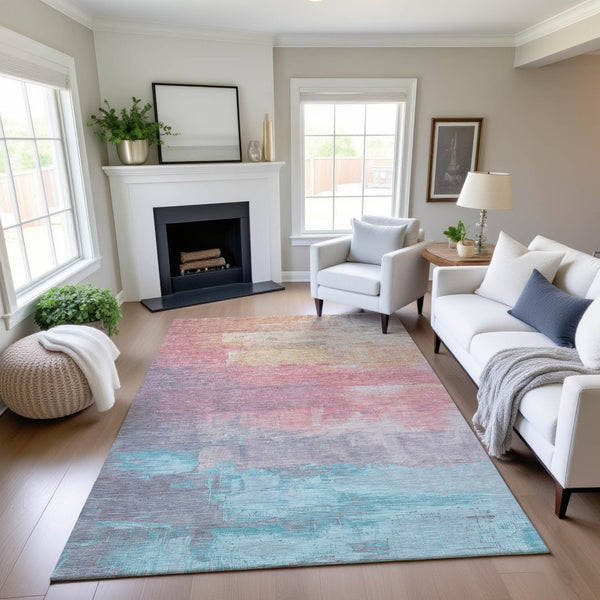 HomeRoots 9' X 12' Salmon Silver & Teal Abstract Washable Area Rug - UV Protected, Stain-Resistant Design! 693941
