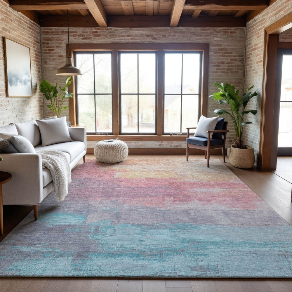 HomeRoots 9' X 12' Salmon Silver & Teal Abstract Washable Area Rug - UV Protected, Stain-Resistant Design! 693941