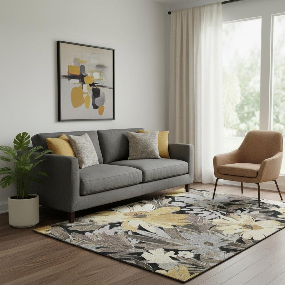 HomeRoots 5' X 8' Washable Black Gray Wheat Floral Area Rug - Durable, Stain-Resistant, UV Protected, Stylish Decor 693944