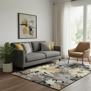 HomeRoots 5' X 8' Washable Black Gray Wheat Floral Area Rug - Durable, Stain-Resistant, UV Protected, Stylish Decor 693944