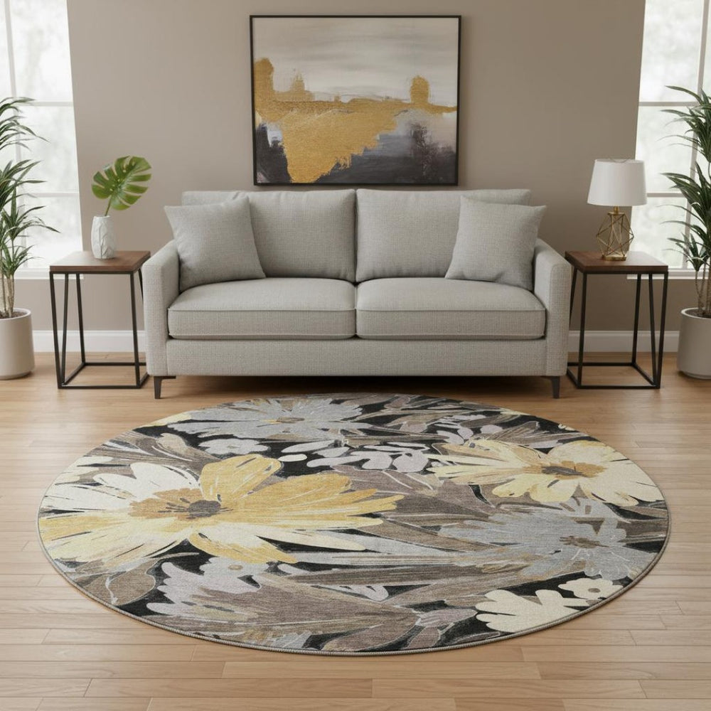 HomeRoots 8' X 8' Elegant Floral Washable Round Rug – Durable, Stain-Resistant, UV-Protected for High-Traffic Areas 693945