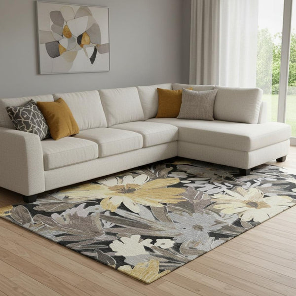 HomeRoots 8' Elegant Washable Floral Area Rug in Black, Gray & Wheat - UV Protected, Stain Resistant, Durable Design 693946