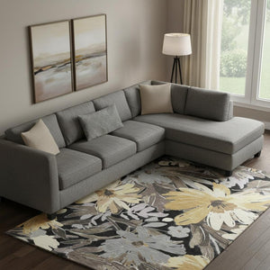 HomeRoots 9' X 12' Floral Washable Area Rug - Stylish Black, Gray & Wheat Design with UV Protection & Durability 693947