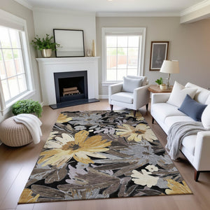 HomeRoots 9' X 12' Floral Washable Area Rug - Stylish Black, Gray & Wheat Design with UV Protection & Durability 693947