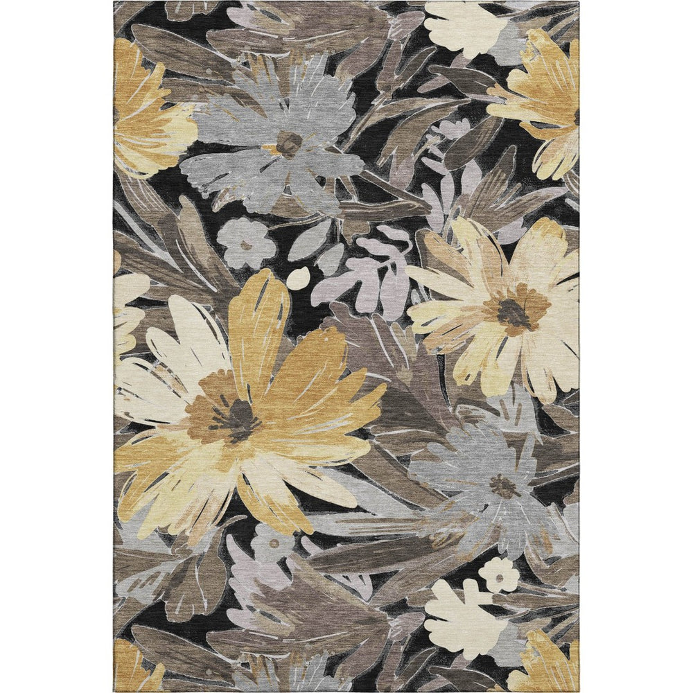 HomeRoots 9' X 12' Floral Washable Area Rug - Stylish Black, Gray & Wheat Design with UV Protection & Durability 693947