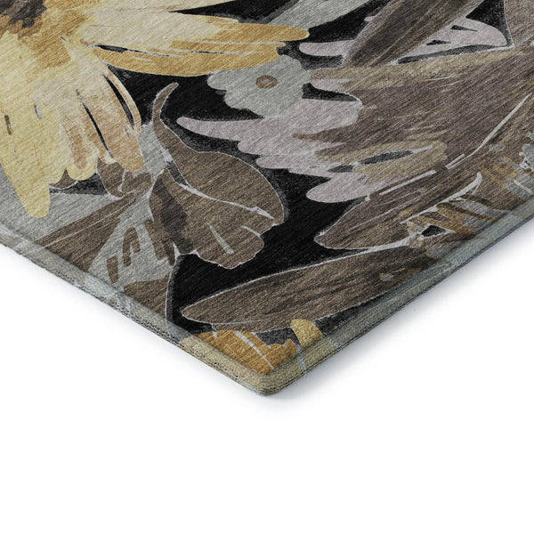 HomeRoots 9' X 12' Floral Washable Area Rug - Stylish Black, Gray & Wheat Design with UV Protection & Durability 693947