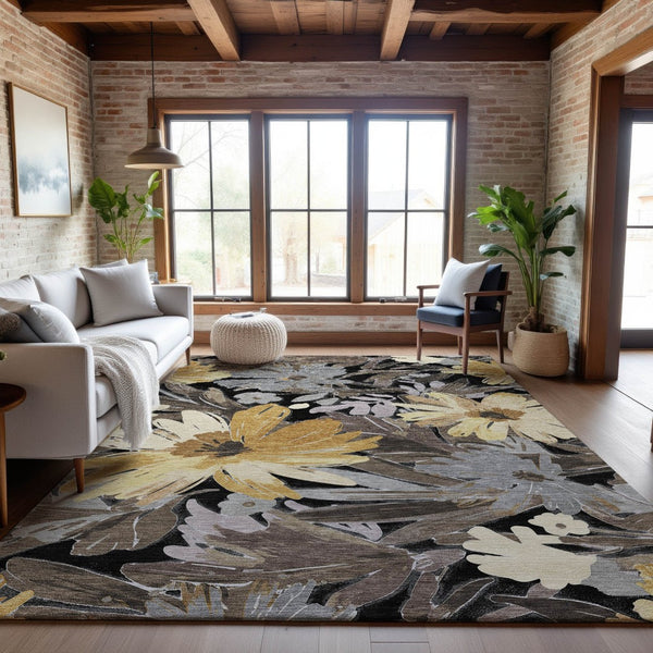 HomeRoots 9' X 12' Floral Washable Area Rug - Stylish Black, Gray & Wheat Design with UV Protection & Durability 693947