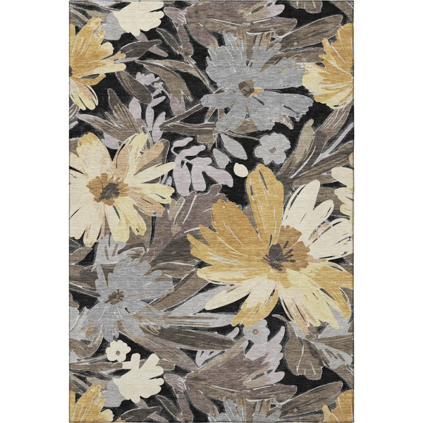 HomeRoots 9' X 12' Floral Washable Area Rug - Stylish Black, Gray & Wheat Design with UV Protection & Durability 693947