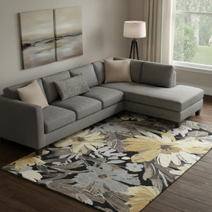 HomeRoots 10' X 14' Stylish Black Gray Wheat Floral Washable Area Rug with UV Protection & Non-Slip Backing 693948