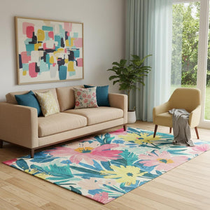 HomeRoots 5' X 8' Floral Washable Area Rug in Blush Yellow & Blue with UV Protection for Family Homes 693950