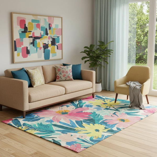 HomeRoots 5' X 8' Floral Washable Area Rug in Blush Yellow & Blue with UV Protection for Family Homes 693950
