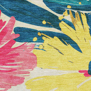 HomeRoots 5' X 8' Floral Washable Area Rug in Blush Yellow & Blue with UV Protection for Family Homes 693950