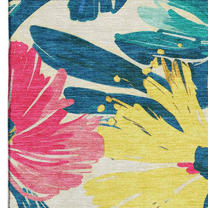HomeRoots 5' X 8' Floral Washable Area Rug in Blush Yellow & Blue with UV Protection for Family Homes 693950