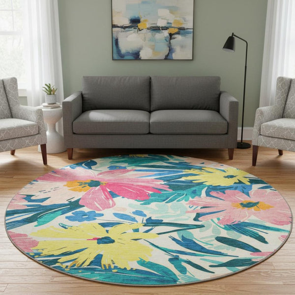 HomeRoots 8' Washable Round Rug with Blush Yellow & Blue Floral Design - UV Protected, Durable & Stylish Home Accent 693951