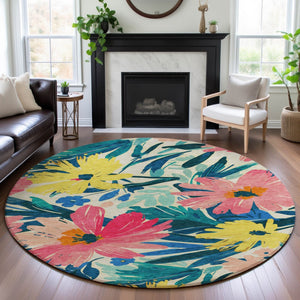 HomeRoots 8' Washable Round Rug with Blush Yellow & Blue Floral Design - UV Protected, Durable & Stylish Home Accent 693951