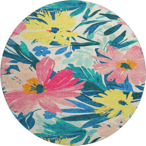 HomeRoots 8' Washable Round Rug with Blush Yellow & Blue Floral Design - UV Protected, Durable & Stylish Home Accent 693951