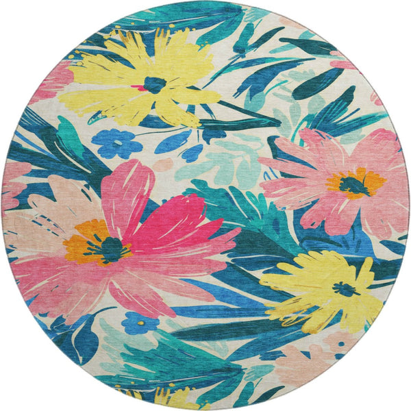 HomeRoots 8' Washable Round Rug with Blush Yellow & Blue Floral Design - UV Protected, Durable & Stylish Home Accent 693951