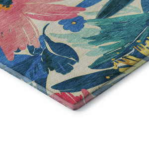HomeRoots 8' Washable Round Rug with Blush Yellow & Blue Floral Design - UV Protected, Durable & Stylish Home Accent 693951