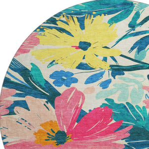 HomeRoots 8' Washable Round Rug with Blush Yellow & Blue Floral Design - UV Protected, Durable & Stylish Home Accent 693951
