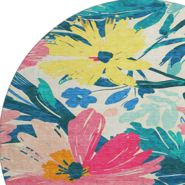 HomeRoots 8' Washable Round Rug with Blush Yellow & Blue Floral Design - UV Protected, Durable & Stylish Home Accent 693951