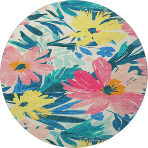 HomeRoots 8' Washable Round Rug with Blush Yellow & Blue Floral Design - UV Protected, Durable & Stylish Home Accent 693951
