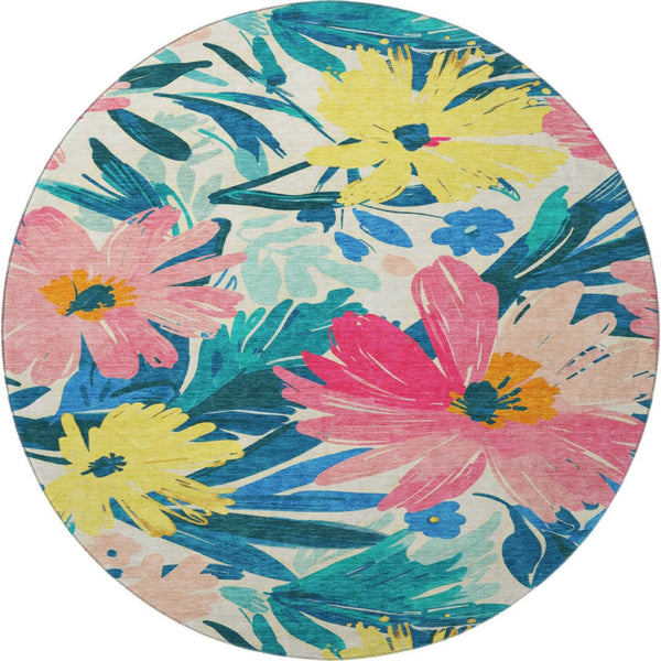 HomeRoots 8' Washable Round Rug with Blush Yellow & Blue Floral Design - UV Protected, Durable & Stylish Home Accent 693951