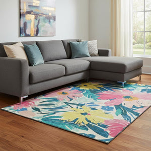 HomeRoots 8' Durable Blush Yellow & Blue Floral Area Rug – Washable, UV Protected, Stain-Resistant Beauty! 693952