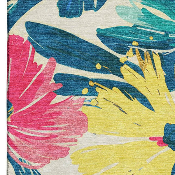 HomeRoots 8' Durable Blush Yellow & Blue Floral Area Rug – Washable, UV Protected, Stain-Resistant Beauty! 693952