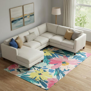HomeRoots 9' X 12' Floral Washable Area Rug in Blush Yellow & Blue - UV Protected, Stain Resistant Design 693953