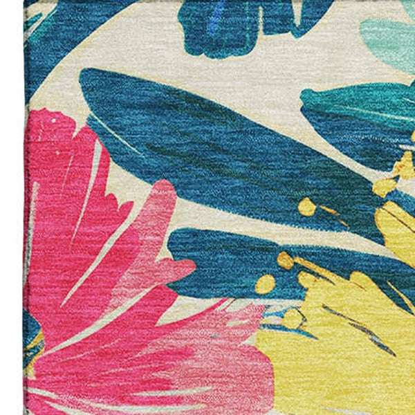 HomeRoots 9' X 12' Floral Washable Area Rug in Blush Yellow & Blue - UV Protected, Stain Resistant Design 693953