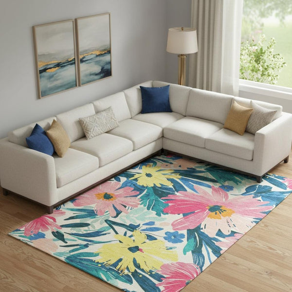 HomeRoots 10' X 14' Floral Washable Area Rug in Blush Yellow & Blue - Durable, UV Protected & Non-Slip Design 693954