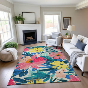 HomeRoots 10' X 14' Floral Washable Area Rug in Blush Yellow & Blue - Durable, UV Protected & Non-Slip Design 693954