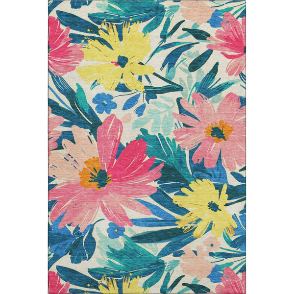 HomeRoots 10' X 14' Floral Washable Area Rug in Blush Yellow & Blue - Durable, UV Protected & Non-Slip Design 693954