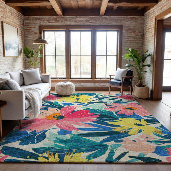 HomeRoots 10' X 14' Floral Washable Area Rug in Blush Yellow & Blue - Durable, UV Protected & Non-Slip Design 693954