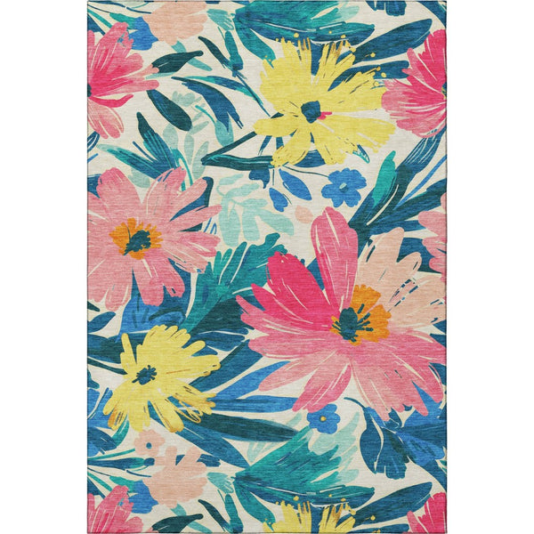HomeRoots 10' X 14' Floral Washable Area Rug in Blush Yellow & Blue - Durable, UV Protected & Non-Slip Design 693954