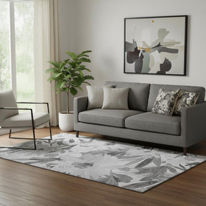 HomeRoots 5' X 8' Floral Washable Area Rug in Gray Silver & Charcoal - Durable, UV Protected, Stylish Design 693956