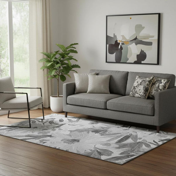HomeRoots 5' X 8' Floral Washable Area Rug in Gray Silver & Charcoal - Durable, UV Protected, Stylish Design 693956