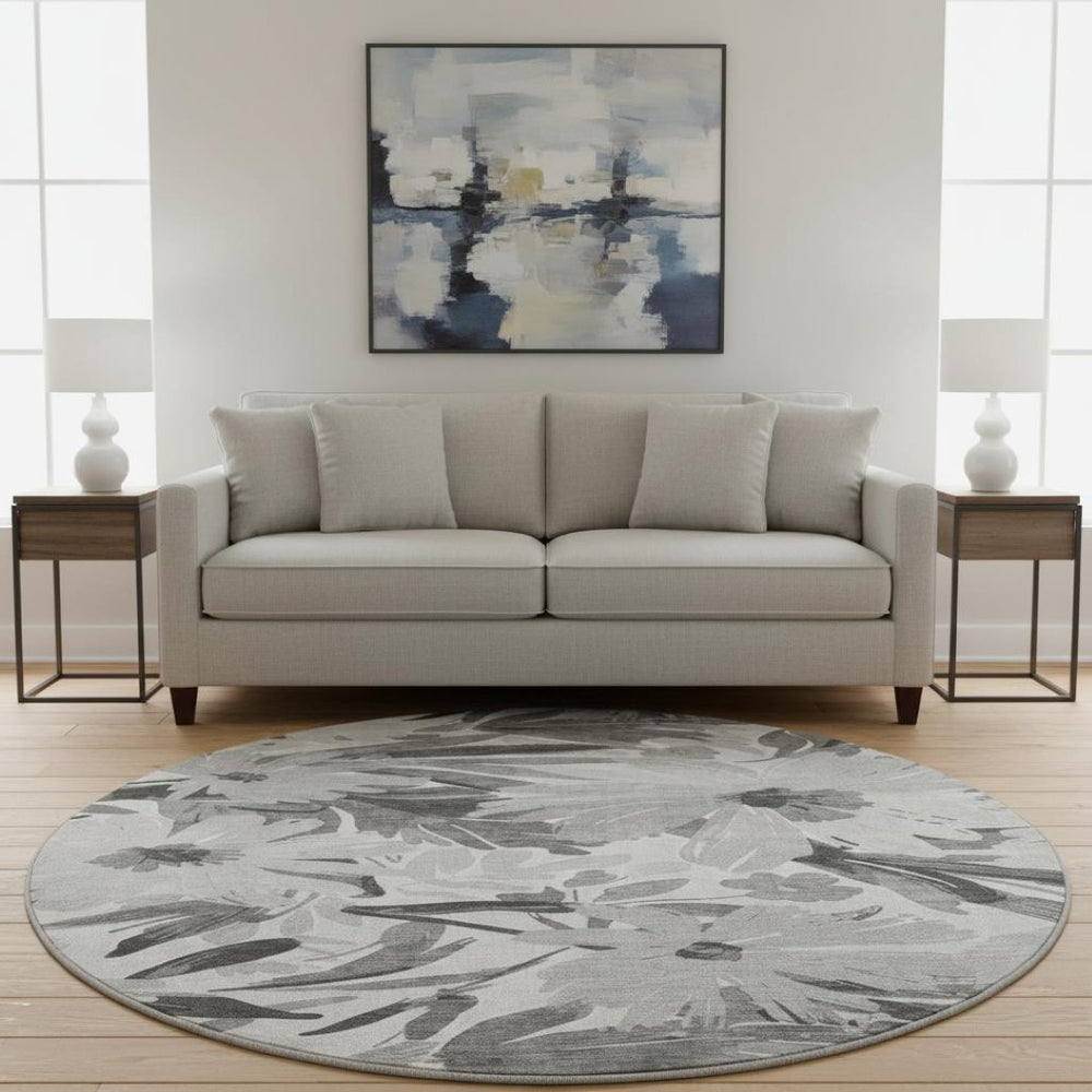 HomeRoots 8' X 8' Gray Silver Floral Round Rug - Washable, UV Resistant, Non-Slip, Ideal for High-Traffic Areas 693957