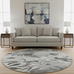 HomeRoots 8' X 8' Gray Silver Floral Round Rug - Washable, UV Resistant, Non-Slip, Ideal for High-Traffic Areas 693957