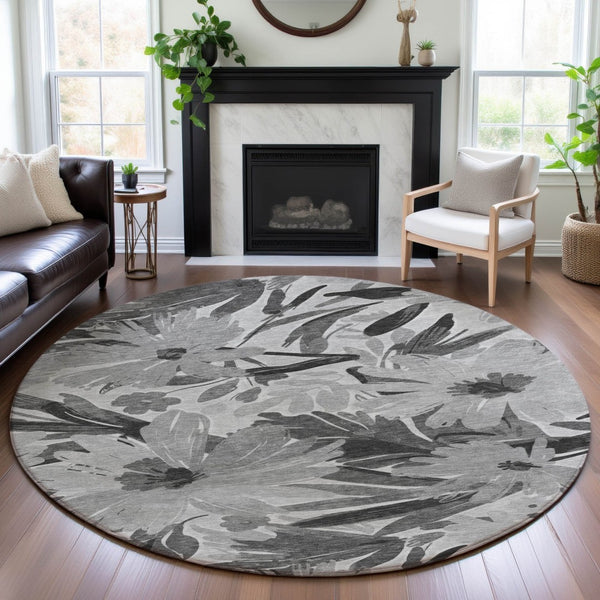 HomeRoots 8' X 8' Gray Silver Floral Round Rug - Washable, UV Resistant, Non-Slip, Ideal for High-Traffic Areas 693957
