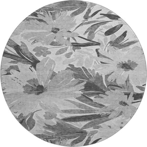 HomeRoots 8' X 8' Gray Silver Floral Round Rug - Washable, UV Resistant, Non-Slip, Ideal for High-Traffic Areas 693957
