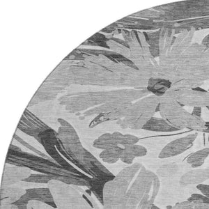 HomeRoots 8' X 8' Gray Silver Floral Round Rug - Washable, UV Resistant, Non-Slip, Ideal for High-Traffic Areas 693957